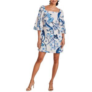 Mestiza New York Vivienne Mini Dress XS Blue Ivory Monkey Toile Bell Sleeve NWT